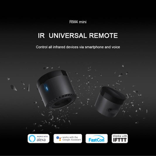 IR universal remote control with branding and features on a dark background