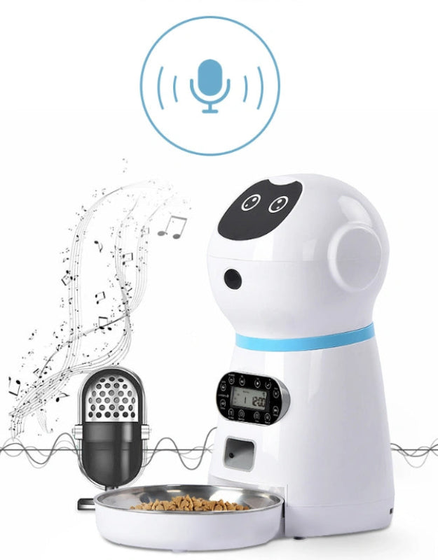 White electronic pet feeder with microphone and sound waves on a white background
