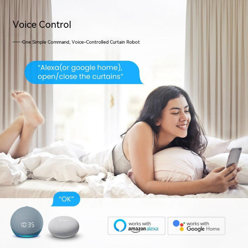 Woman using a smartphone to control curtains with voice commands, featuring Alexa and Google Home logos.