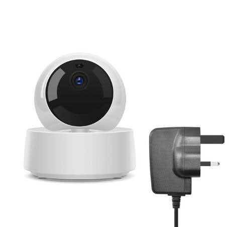 Smart home security camera with power adapter on a white background