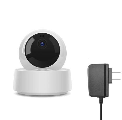 White security camera with power adapter on a white background