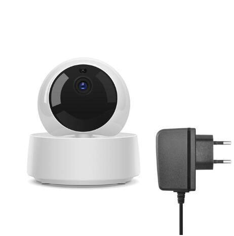 Smart home security camera with power adapter on a white background