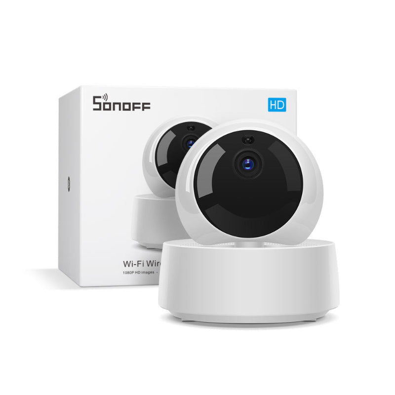 Two white Sonoff HD Wi-Fi security cameras with a packaging box in the background.