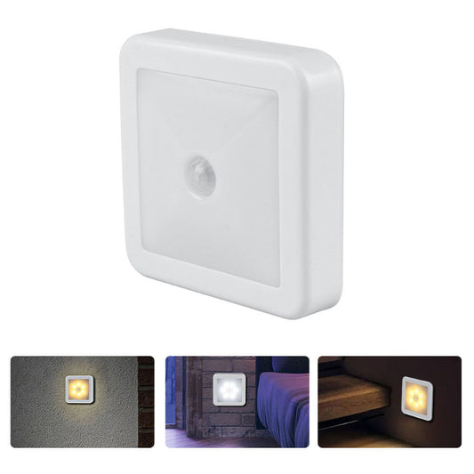 White motion sensor light with inset images showing its use in various settings.