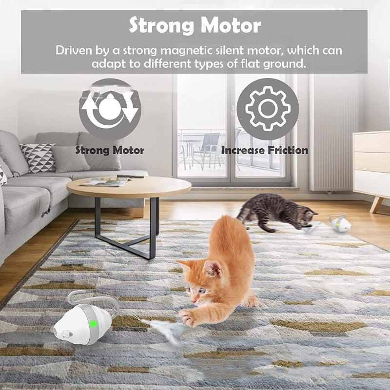 Two cats playing with a toy on a rug in a living room, with text about a strong motor.