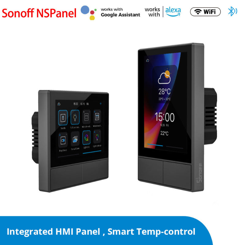 Two Sonoff NSPanel smart devices with digital displays on a white background