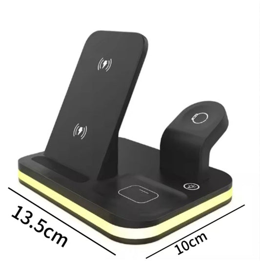Black wireless charging stand with measurements on a white background