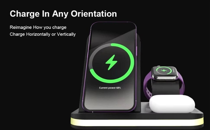 Multi-device charging station with smartphone, smartwatch, and wireless earbuds on a black background.