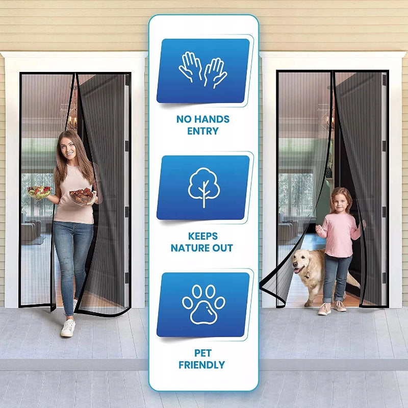 Door with magnetic screen, showing features like 'No Hands Entry', 'Keeps Nature Out', and 'Pet Friendly'.