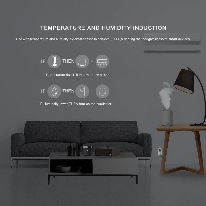 Living room with a sofa, coffee table, and humidifier, featuring text on temperature and humidity induction.