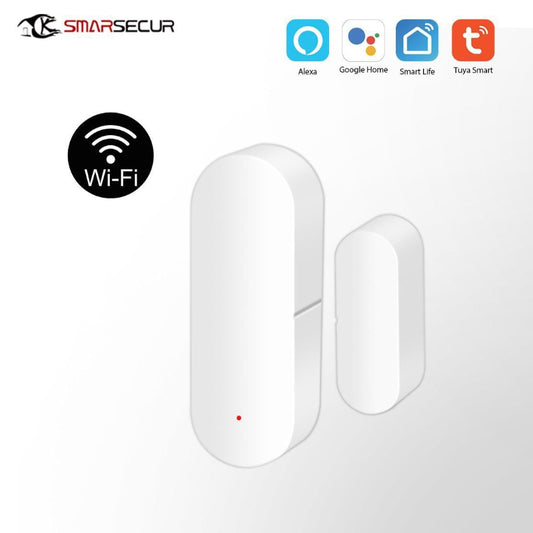 Smart security device with Wi-Fi symbol and compatibility icons on a white background