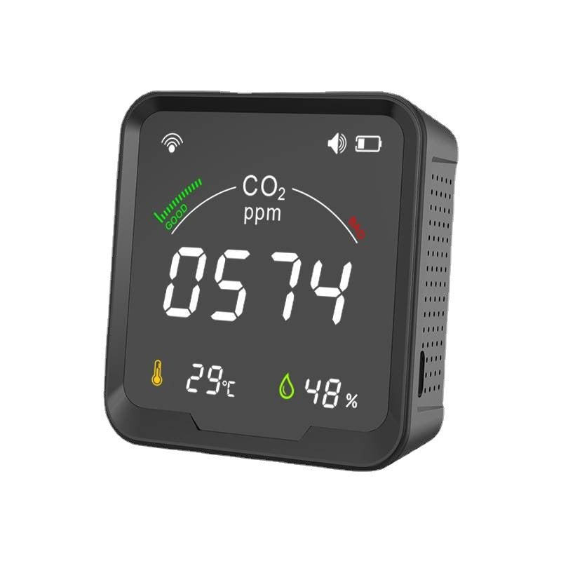 Digital air quality monitor displaying CO2 ppm, temperature, and humidity on a white background