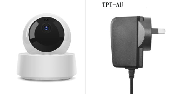 Smart home camera and power adapter on a white background