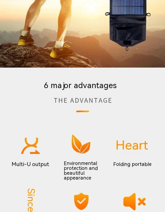 Person hiking with a solar panel on a mountain, highlighting six advantages.