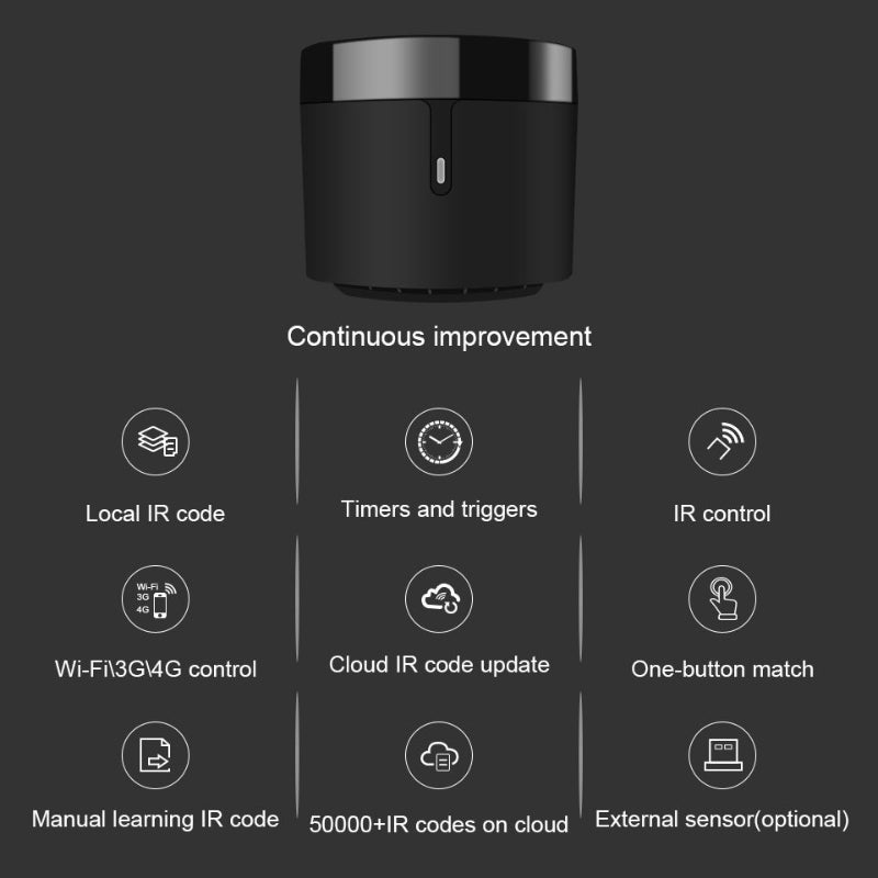 Black electronic device with features listed on a dark background