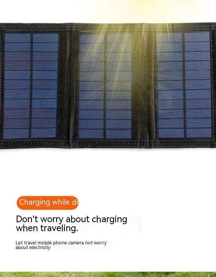 Solar panel with text 'Don't worry about charging when traveling' on a white background