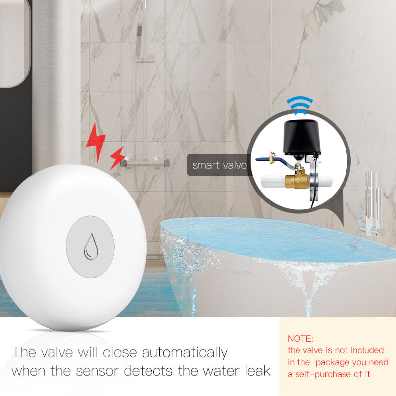 Smart water valve sensor with bathtub illustration and text on a bathroom background