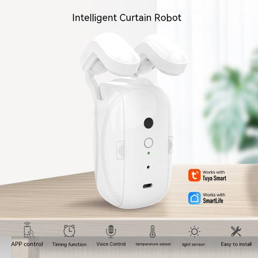 White intelligent curtain robot on a wooden surface with branding logos at the bottom.