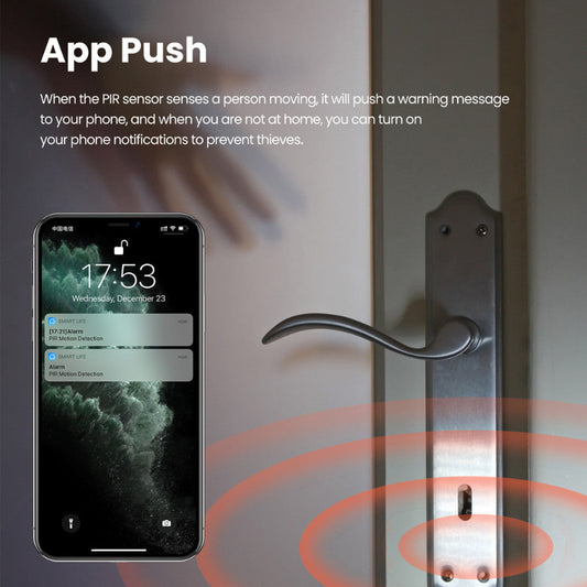Smart door lock with app push notification feature and smartphone displaying alert on screen.