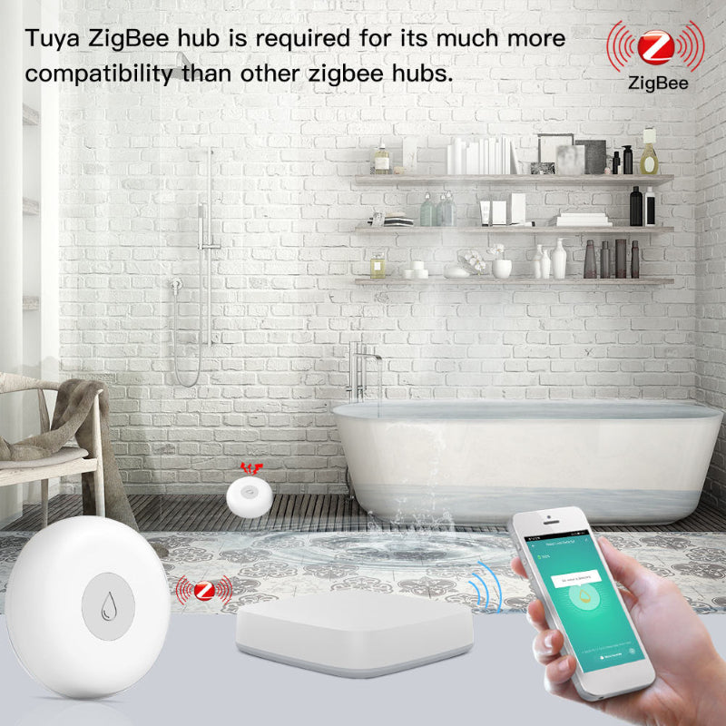 Smart home device with smartphone app in a bathroom setting, featuring Tuya ZigBee branding.