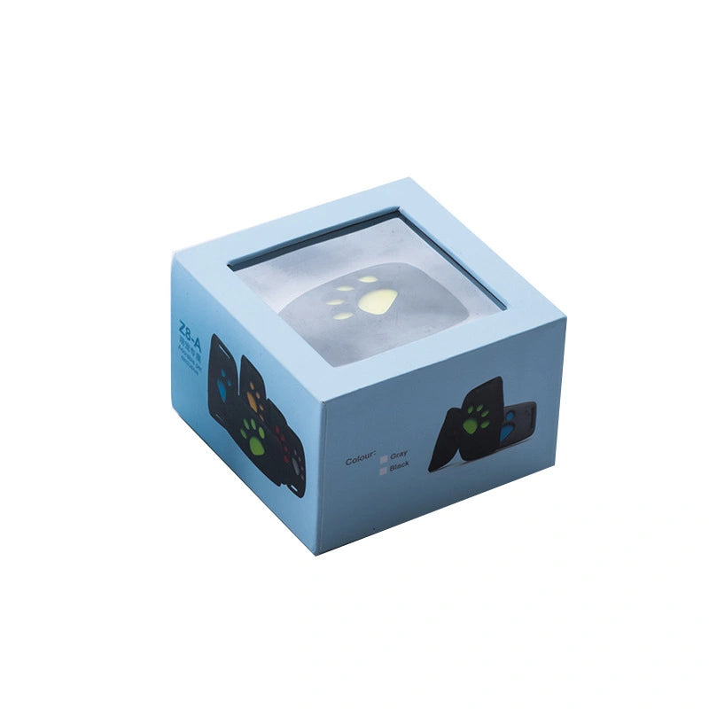 Blue packaging box with a clear window showing a product inside on a white background