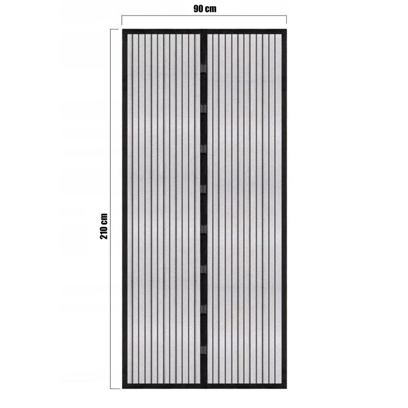 Black and white striped screen door with dimensions on a white background