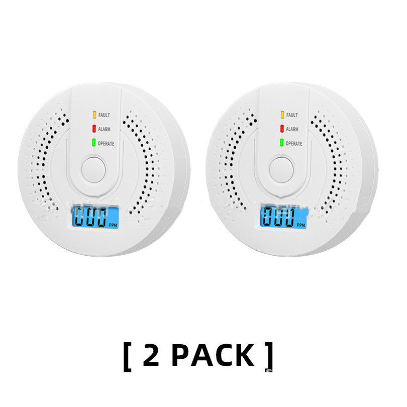 Two white smoke detectors with digital displays on a white background, labeled '2 Pack'.