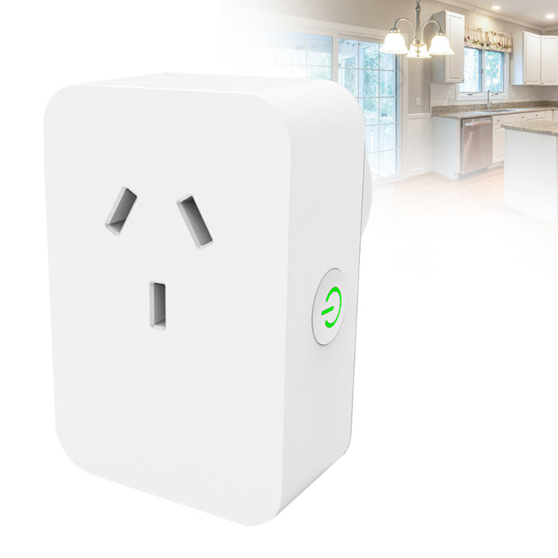 White smart plug with green indicator light in a kitchen setting