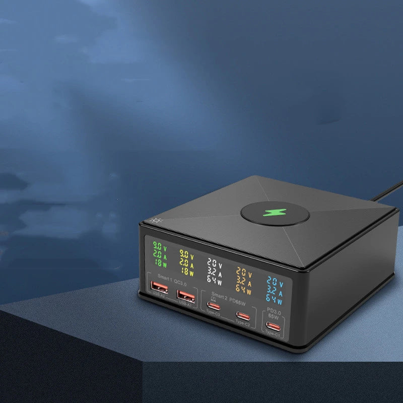 Black electronic device with digital display on a blue gradient background