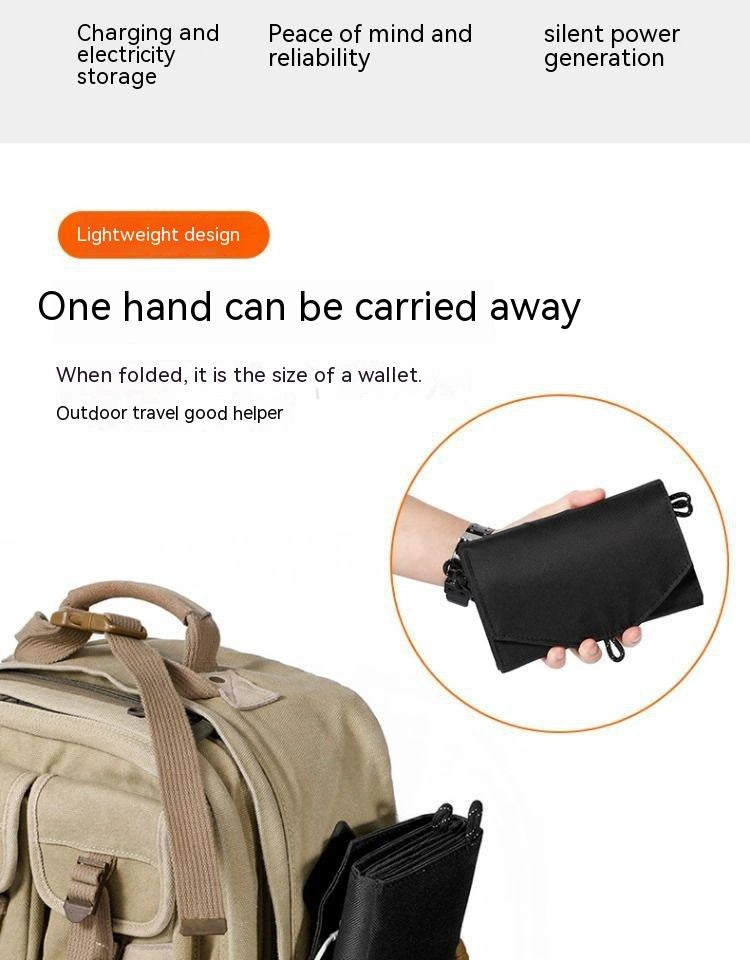 Product advertisement with a backpack and folded black bag, highlighting features like charging, storage, and portability.