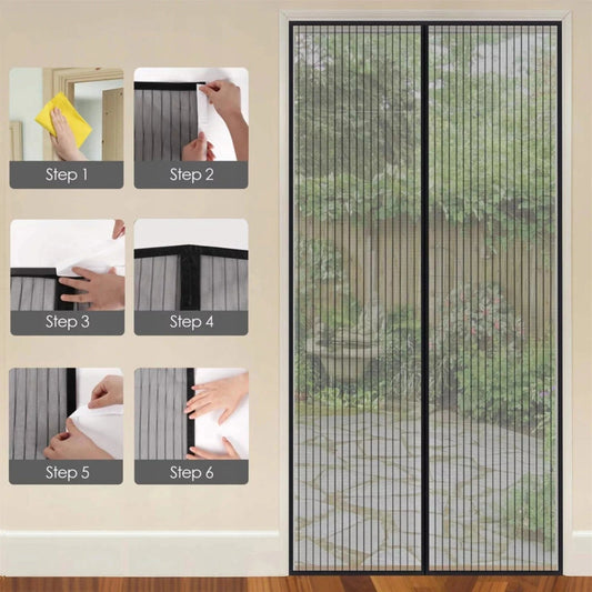 Step-by-step guide on how to install a magnetic screen door with a completed installation on a glass door.