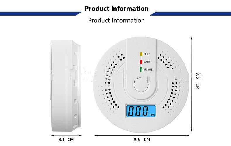 White carbon monoxide detector with dimensions labeled on a white background