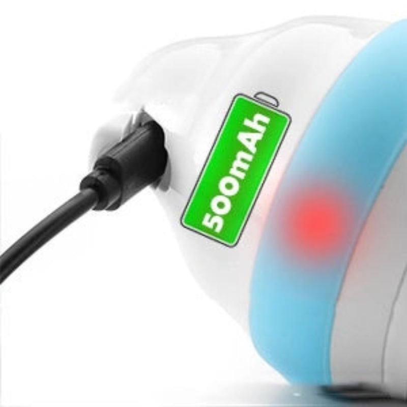 White electronic device with blue light and '500mAh' label on a white background