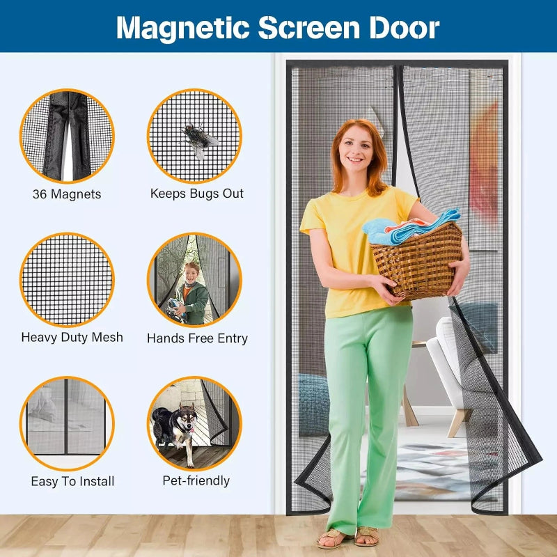 Woman using a magnetic screen door with features highlighted on the left.