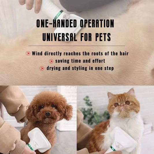 Product for one-handed pet grooming with text on benefits, shown on a dog and cat.