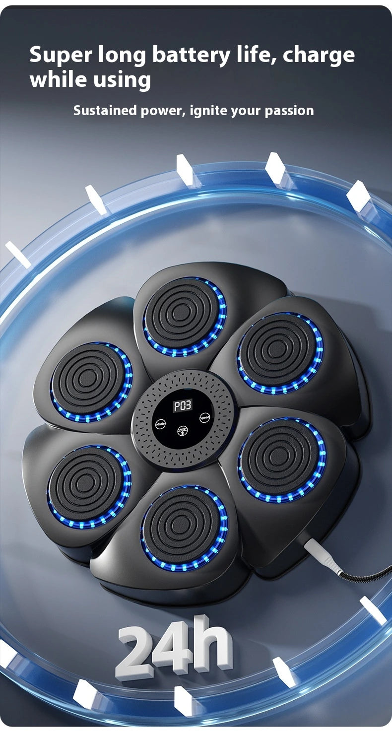 Black electronic device with blue lights on a dark background, featuring text about battery life and charging.