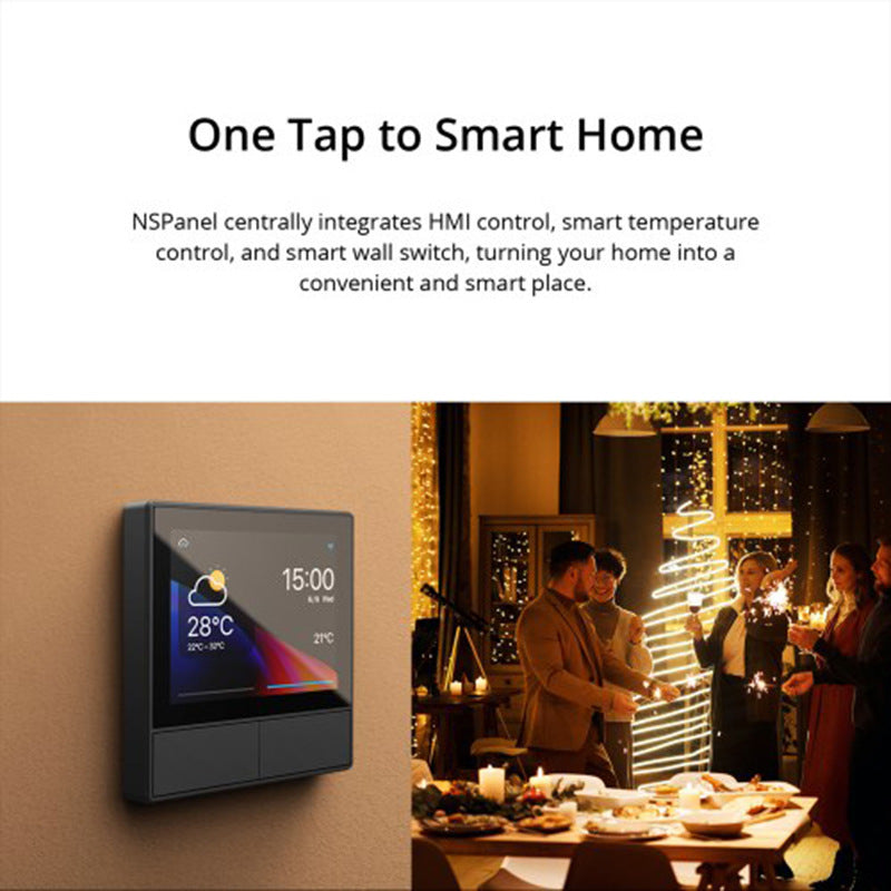 Smart home control panel with people celebrating in the background