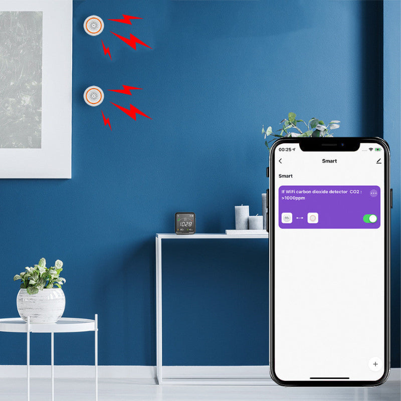 Smart device app on a smartphone with a blue wall and white tables in the background