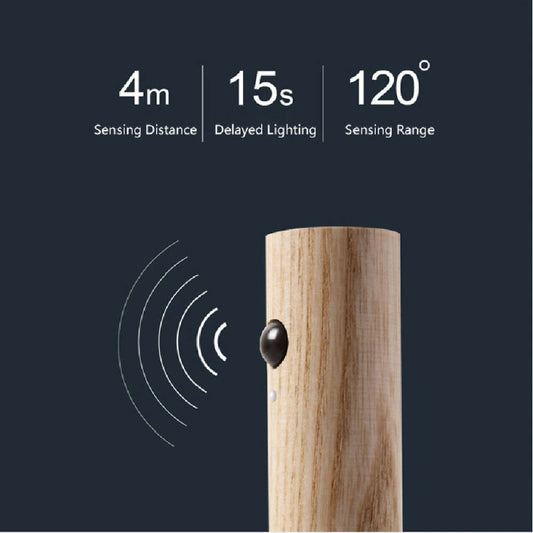 Wooden doorbell with sensor and text indicating sensing distance, delayed lighting, and sensing range on a dark background.
