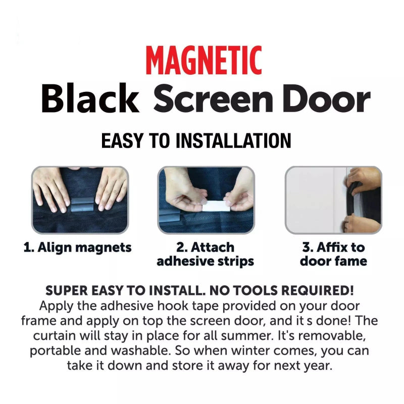 Instructions for installing a magnetic black screen door with step-by-step images and text.