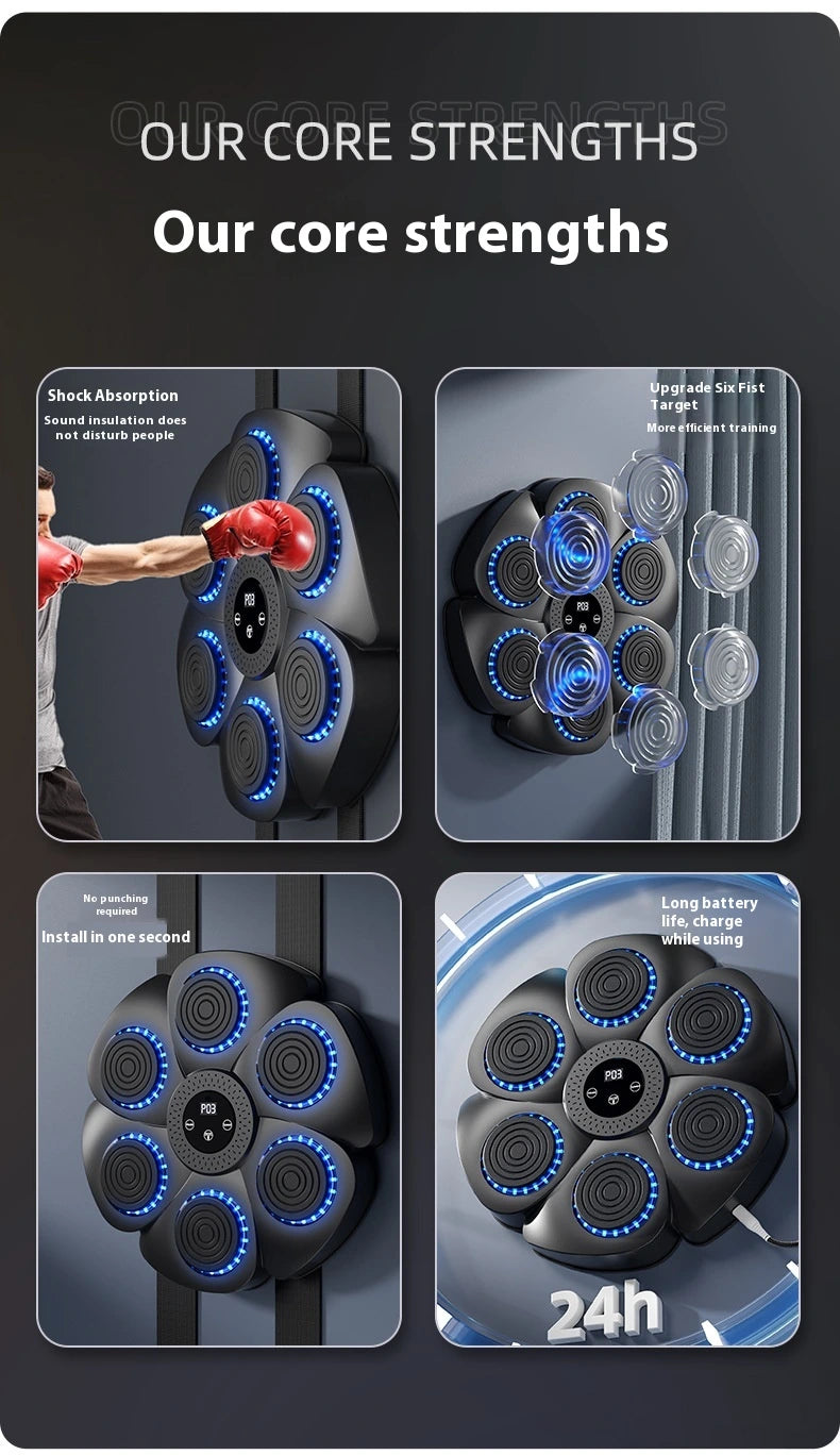 Product features with text 'Our core strengths' on a black background