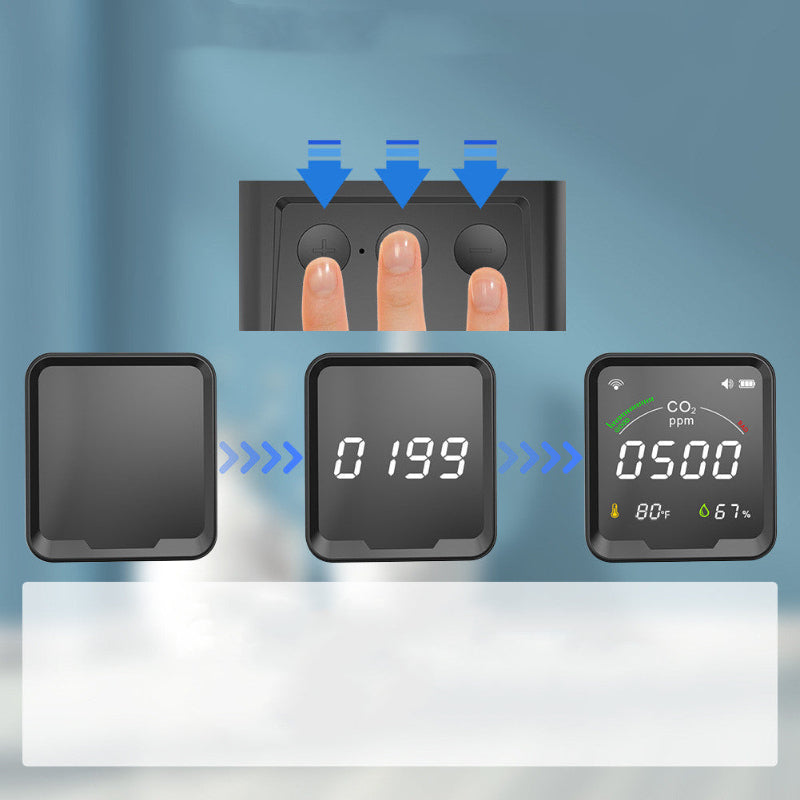 Digital display with touch sensor and CO2 monitoring on a blue background