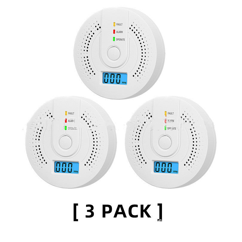 Three white smoke detectors with digital display on a white background, labeled '3 Pack'.