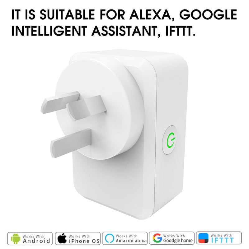 White smart plug with green indicator light on a white background, featuring compatibility logos with Alexa, Google Assistant, and IFTTT.