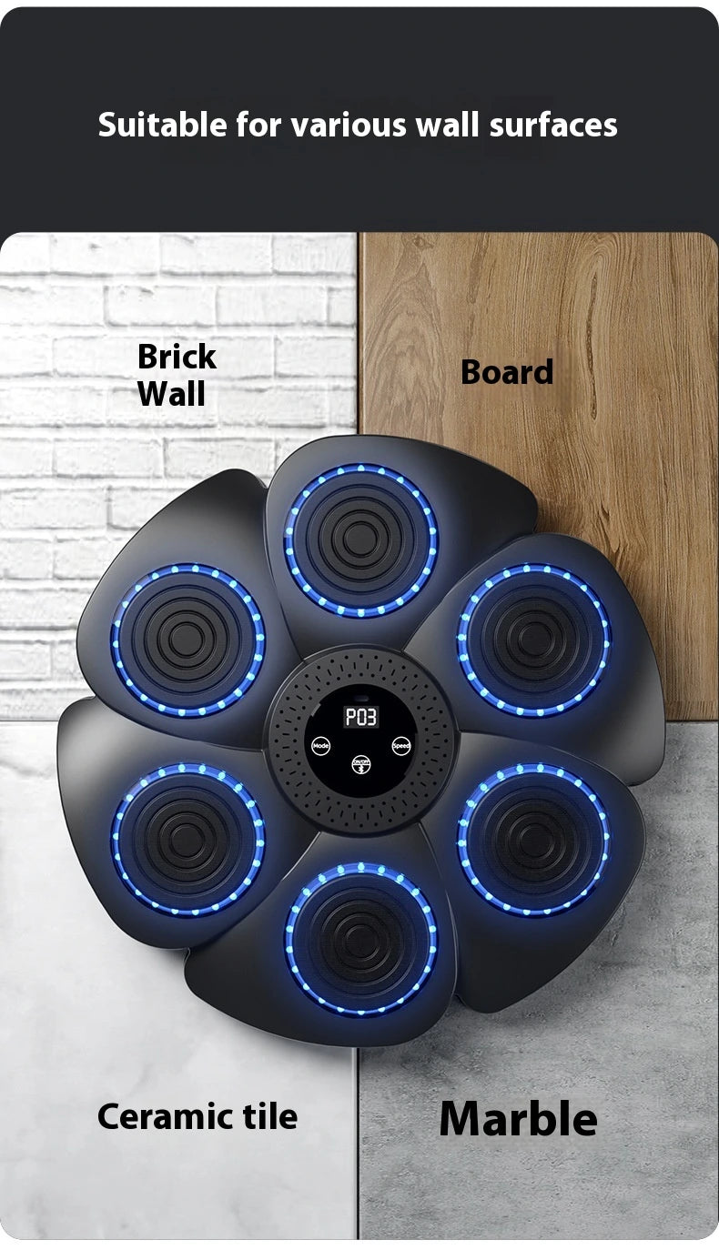 Multicolored LED light fixture on a gradient background with text indicating suitability for various wall surfaces.