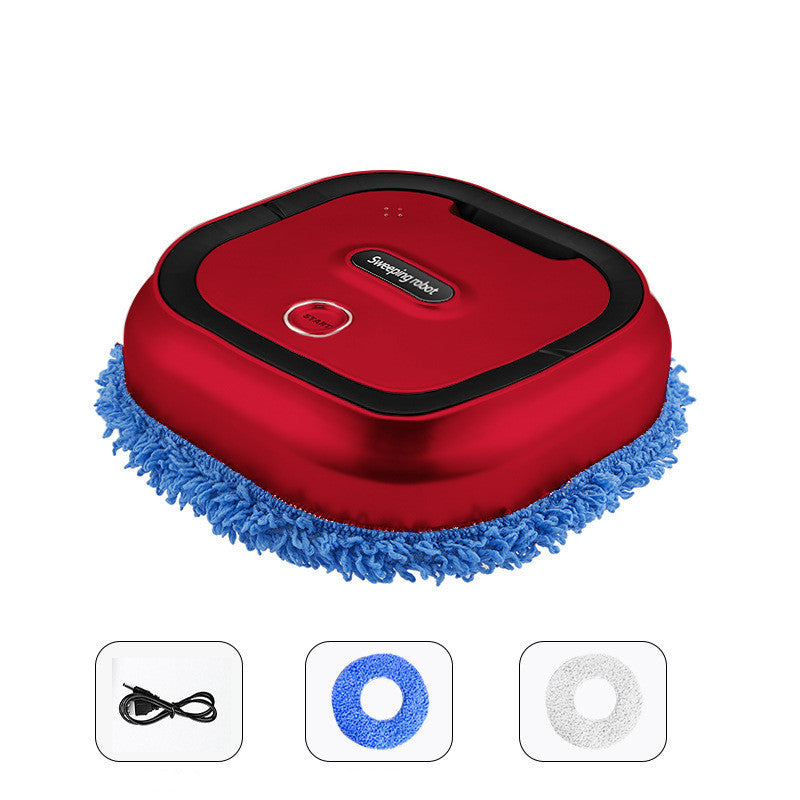 Red robotic cleaning device with blue cleaning pad on a white background