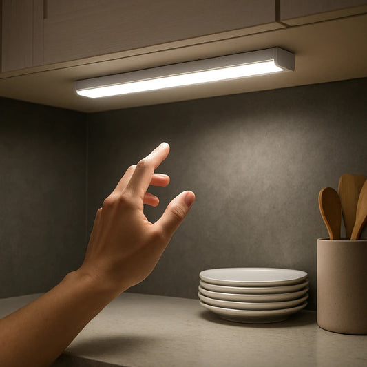 Under-cabinet LED light strip illuminating a kitchen countertop with a hand reaching out.