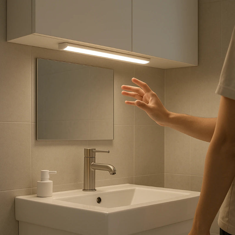 Bathroom sink with faucet and mirror, person's hand reaching out