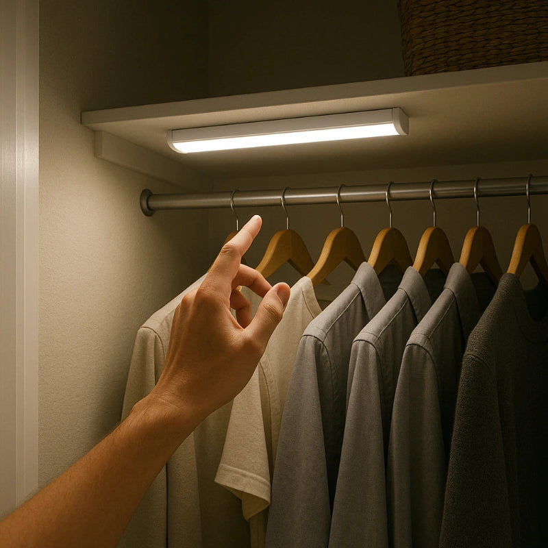 Hand reaching towards a row of clothes under a light fixture in a closet.