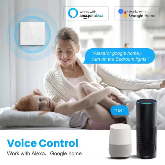 Woman and child in a bedroom with smart speakers and text indicating voice control with Alexa and Google Home.
